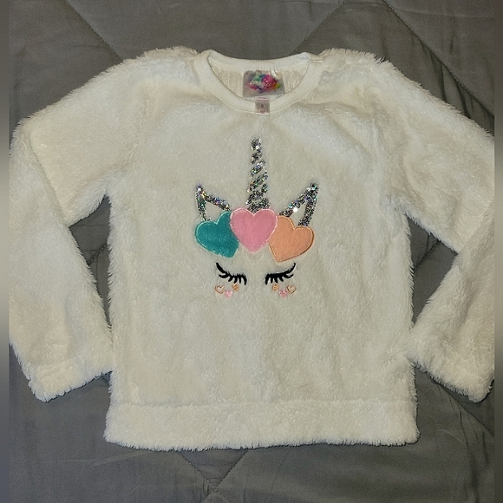 Magic Unicorn Fleece Kids Sweater - White with Colorful Accents Size 6